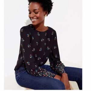 LOFT BLack Floral Print Button Cuff Blouse Top Size XXL